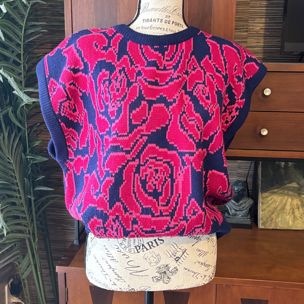 Vintage Impressions 80s Figural Sweater Vest floral Knit Sleeveless Retro Neon